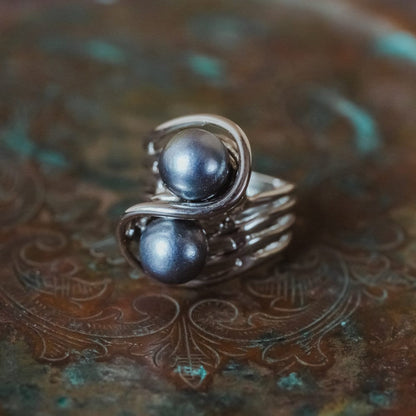Vintage Ring 1970's Gray Glass Pearl Ring 18k White Gold Silver  R3033 - Limited Stock - Never Worn