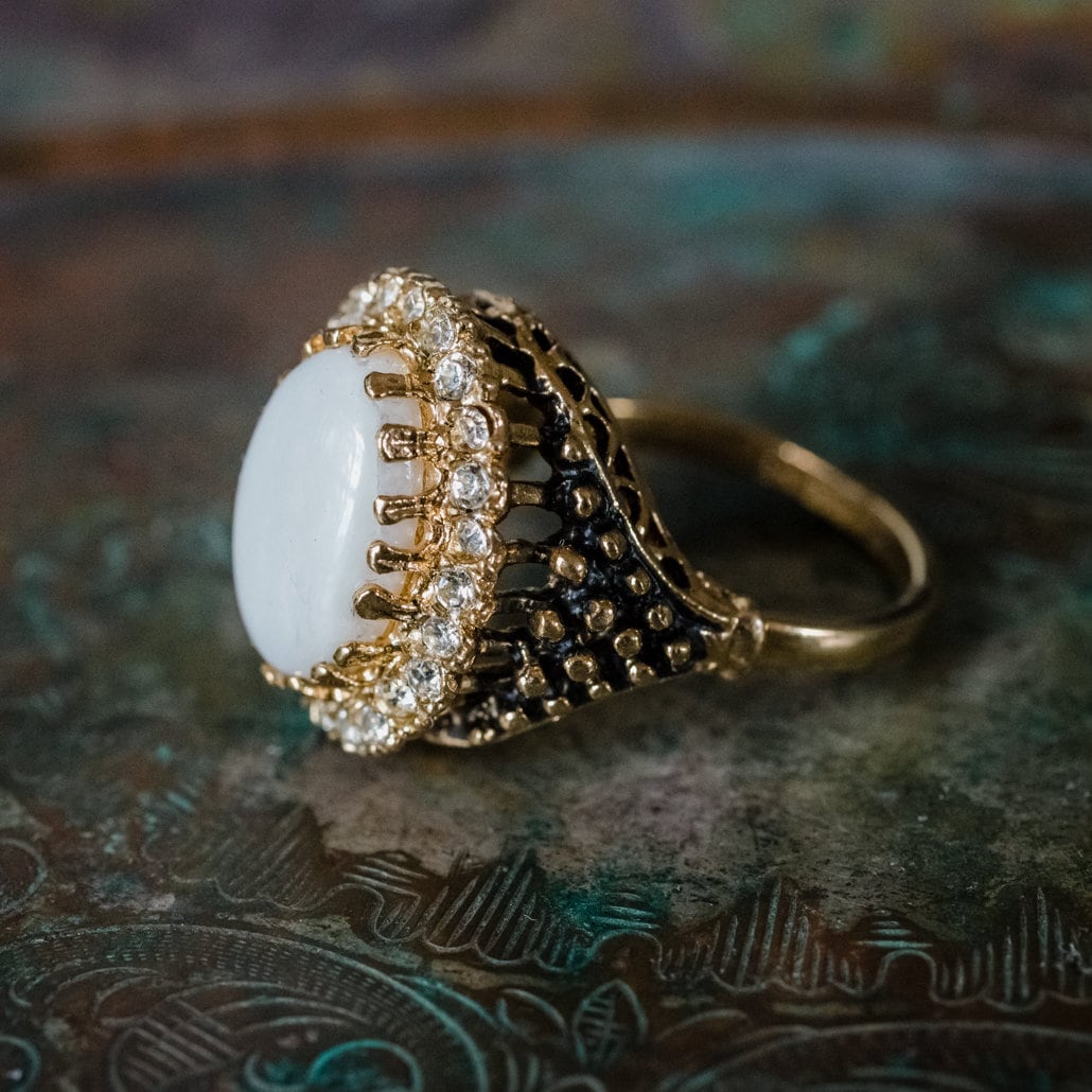Vintage Ring Genuine Opal and Clear Crystal Ring Edwardian Style 18k Antique Gold Jewelry for Women R169