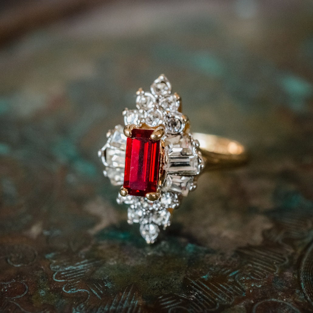 Vintage Ring 1970's Ring Ruby and Clear Swarovski Crystals 18k Gold Antique Rings For Women R2001 - Limited Stock - Never Worn