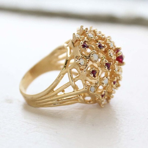 Vintage Ring Ruby Swarovski Crystals and Pinfire Opal Burst Cocktail Ring R195 - Limited Stock - Never Worn