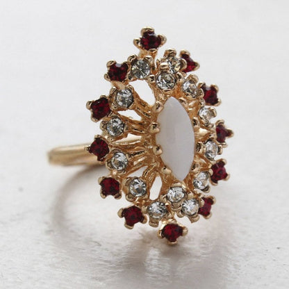 Vintage Ring Genuine Opal Surrounded by Clear & Ruby Swarovski Crystal Cocktail Ring 18k Gold  R221 - Limited Stock - Never Worn
