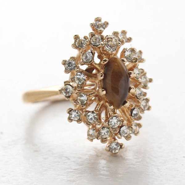 Vintage Ring Genuine Tiger Eye Surrounded by Clear Swarovski Crystals Cocktail Ring 18k Gold  R221 - Limited Stock - Never Worn