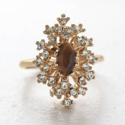 Vintage Ring Genuine Tiger Eye Surrounded by Clear Swarovski Crystals Cocktail Ring 18k Gold  R221 - Limited Stock - Never Worn