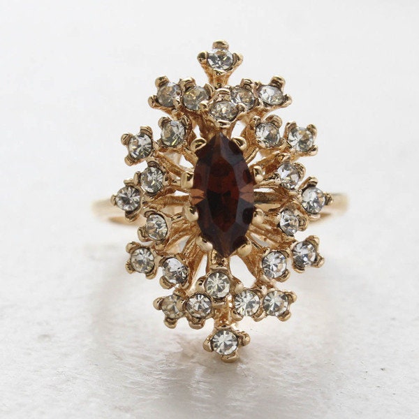 Vintage Ring Smoky Topaz and Clear Swarovski Crystal Cocktail Ring 18kt Gold  R221 - Limited Stock - Never Worn