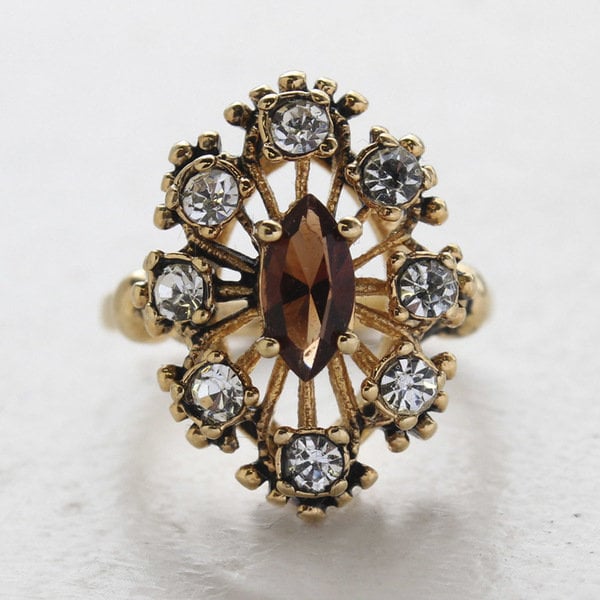 Vintage Ring Brown Topaz and Clear Swarovski Crystal Cocktail Ring Antique 18k Gold  R250 - Limited Stock - Never Worn