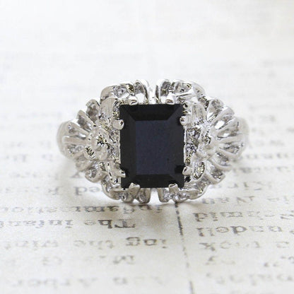 Vintage Ring Emerald Cut Black Crystal 18k White Gold Silver Plated Filigree Ring R1368 - Limited Stock - Never Worn