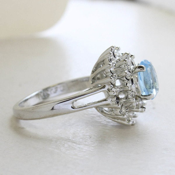 Vintage Ring Aquamarine and Clear Swarovski Crystal Cocktail Ring 18k White Gold R1352 Antique Womans Jewelry - Limited Stock - Never Worn