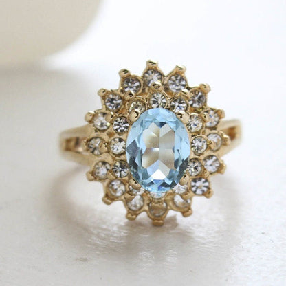 Vintage Ring Aquamarine and Clear Swarovski Crystal Cocktail Ring 18k Gold Made in the USA R1352 - Limited Stock - Never Worn