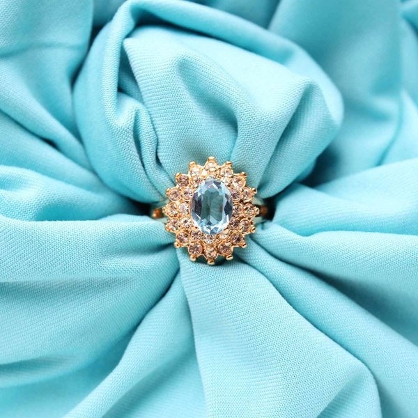 Vintage Ring Aquamarine and Clear Swarovski Crystal Cocktail Ring 18k Gold Made in the USA R1352 - Limited Stock - Never Worn