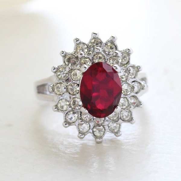 Vintage Ring Ruby and Clear Swarovski Crystal Cocktail Ring 18k White Gold Silver Made in the USA R1352 - Limited Stock - Never Worn