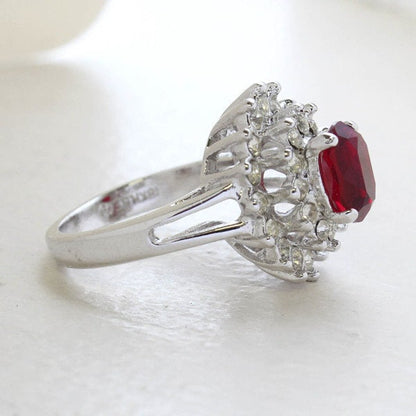Vintage Ring Ruby and Clear Swarovski Crystal Cocktail Ring 18k White Gold Silver Made in the USA R1352 - Limited Stock - Never Worn
