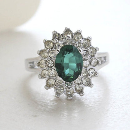 Vintage Ring Emerald and Clear Swarovski Crystal Cocktail Ring 18k White Gold Silver Made in the USA R1352 - Limited Stock - Never Worn