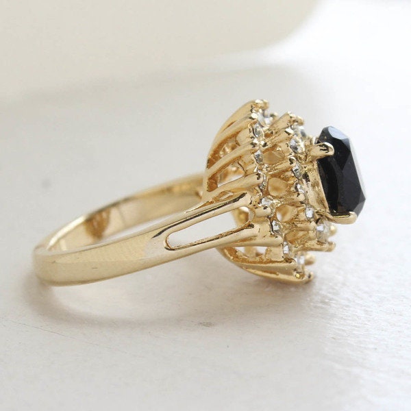 Vintage Ring Black and Clear Swarovski Crystal Cocktail Ring 18k Gold Made in the USA R1352 - Limited Stock - Never Worn