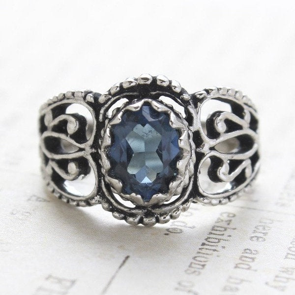 Vintage Ring Sapphire Crystal Filigree Ring Antique 18k White Gold Silver Womans Jewelry R142 - Limited Stock - Never Worn
