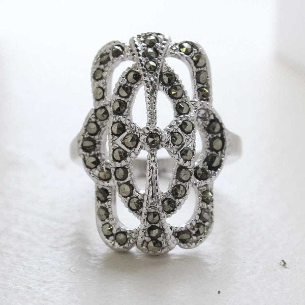 Vintage Ring Genuine Marcasite Cocktail Ring 18k White Gold Silver Antique Jewelry for Women R1861 - Limited Stock - Never Worn