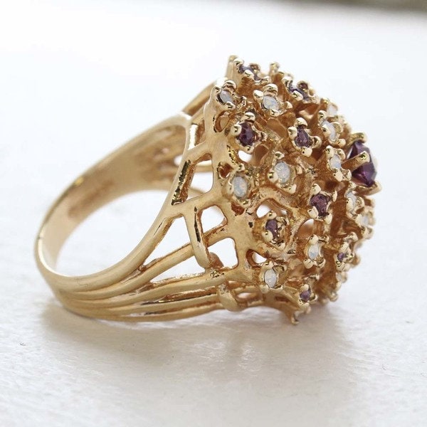 Vintage Ring Amethyst Crystal and Pinfire Opal Burst Ring 18k Gold  R195 - Limited Stock - Never Worn