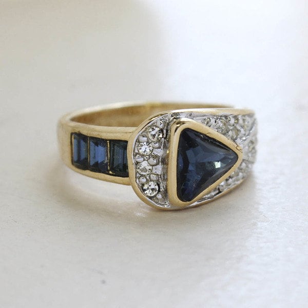 Vintage Ring Sapphire and Clear Swarovski Crystal Pavé Ring 18k Gold Antique Womans Jewelry R2932 - Limited Stock - Never Worn