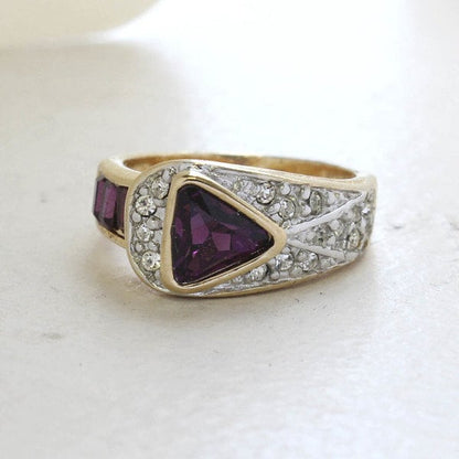 Vintage Ring Amethyst and Clear Swarovski Crystal Pavé Ring 18k Gold Made in the USA R2932 - Limited Stock - Never Worn