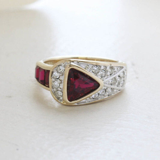 Vintage Ring Ruby and Clear Swarovski Crystal Pavé Ring 18k Gold Made in the USA R2932 - Limited Stock - Never Worn