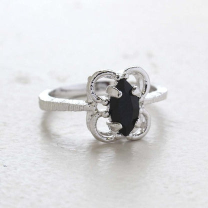 Vintage Ring Marquise Cut Black Crystal Cocktail Ring 18k White Gold Silver Made in the USA R586 - Limited Stock - Never Worn