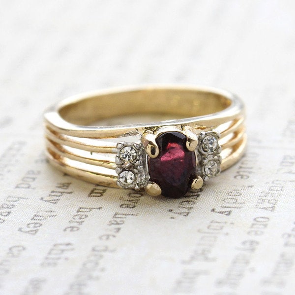 Vintage Ring Garnet and Clear Swarovski Crystal Ring 18k Gold  R1318 - Limited Stock - Never Worn