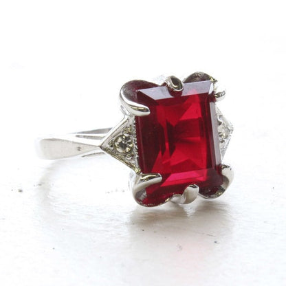 Vintage Ring Emerald Cut Ruby Swarovski Crystal 18k White Gold Silver Ring R1377 - Limited Stock - Never Worn
