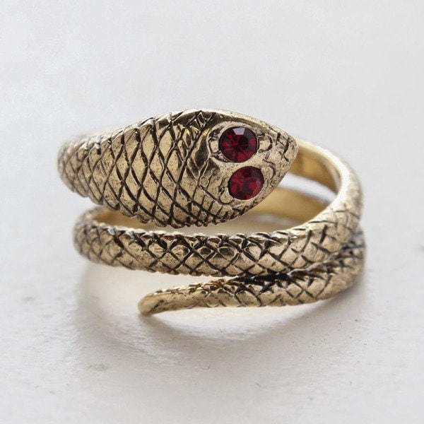 Vintage 1980's Snake Wrap Ring with Ruby Swarovski Crystals 18k Gold Antique Womans Jewelry Size: 5