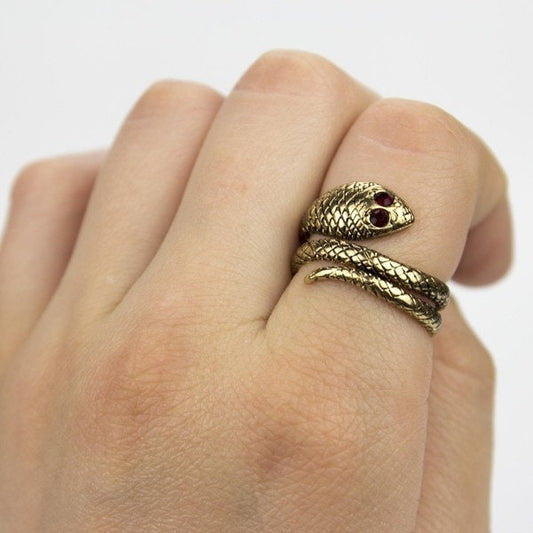 Vintage 1980's Snake Wrap Ring with Ruby Swarovski Crystals 18k Gold Antique Womans Jewelry - Limited Stock - Never Worn