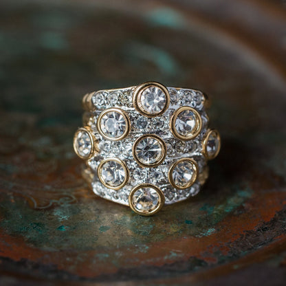 Vintage Ring Pave Black and Clear Swarovski Crystal Ring 18k Gold  R3111