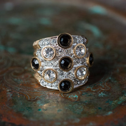 Vintage Ring Pave Black and Clear Swarovski Crystal Ring 18k Gold  R3111 - Limited Stock - Never Worn