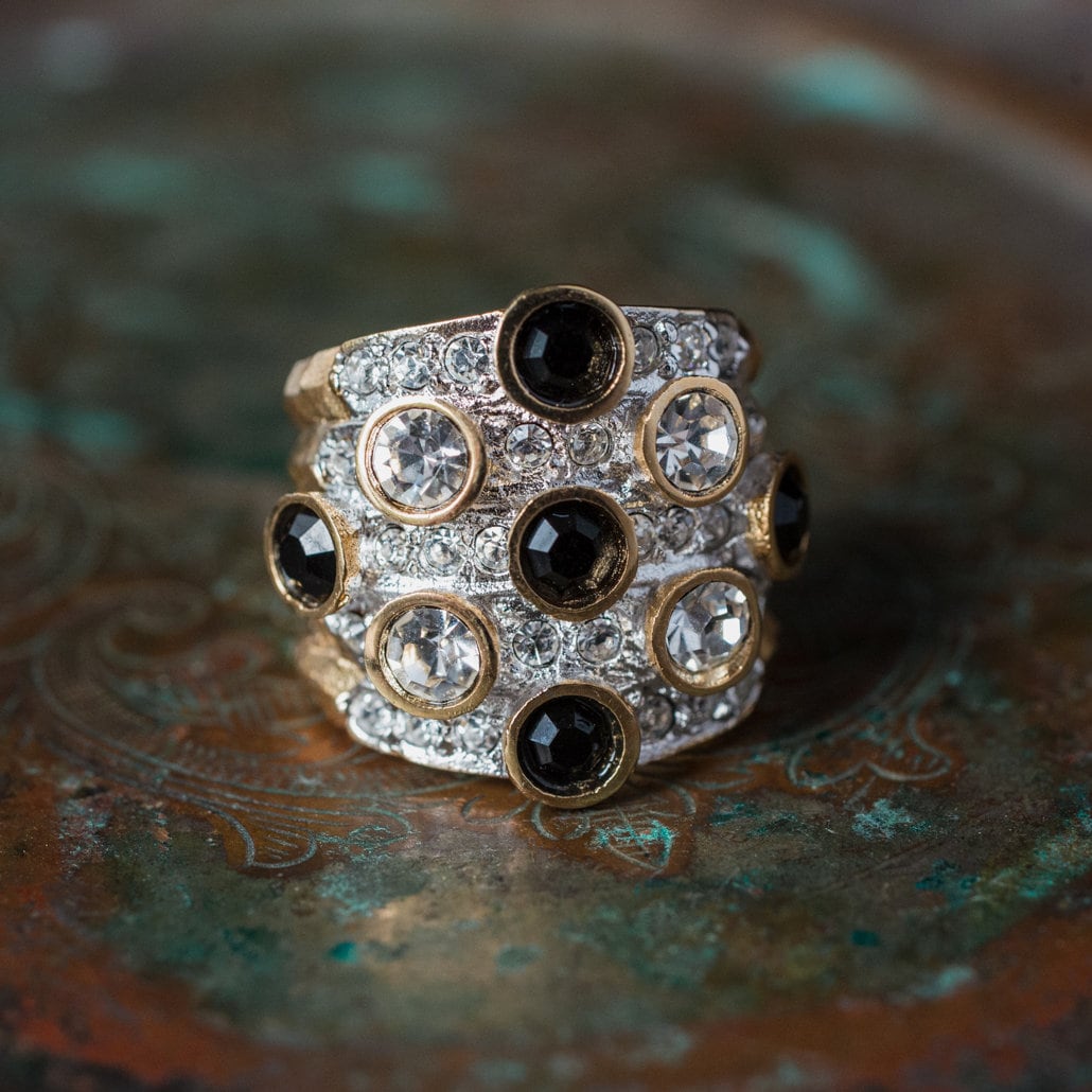 Vintage Ring Pave Black and Clear Swarovski Crystal Ring 18k Gold  R3111