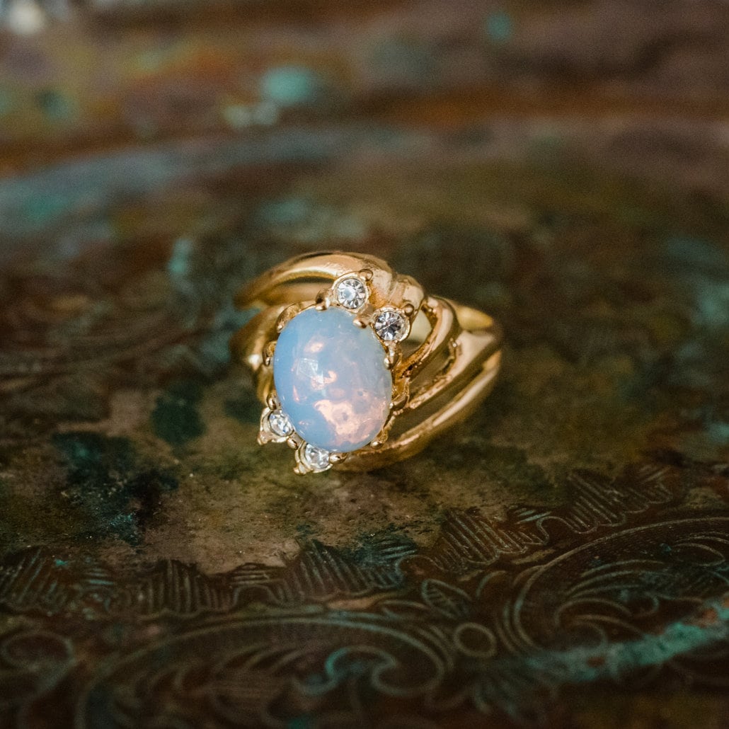 Vintage Ring Pinfire Opal Ring with Clear Swarovski Crystals 18k Gold Antique Womans Jewlery Handmade #R1143 - Limited Stock - Never Worn