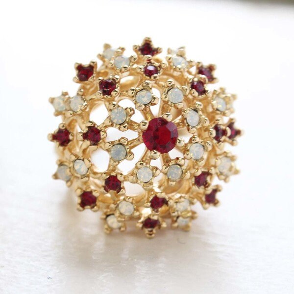 Vintage Ring Ruby Swarovski Crystals and Pinfire Opal Burst Cocktail Ring R195 - Limited Stock - Never Worn