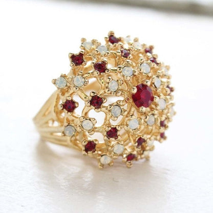 Vintage Ring Ruby Swarovski Crystals and Pinfire Opal Burst Cocktail Ring R195 - Limited Stock - Never Worn