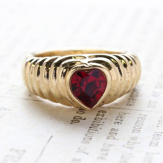 Vintage Ring Ruby Swarovski Crystal Heart Ring 18k Gold Antique Womans Handmade Jewelry R2063 - Limited Stock - Never Worn