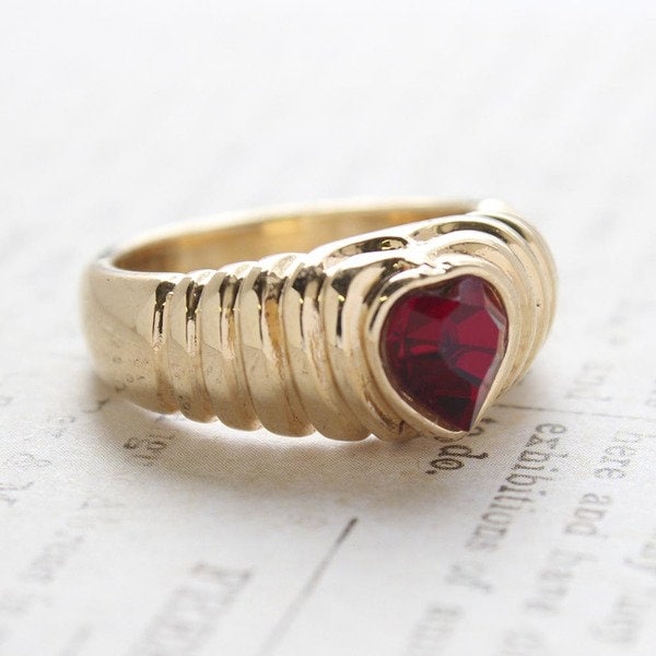 Vintage Ring Ruby Swarovski Crystal Heart Ring 18k Gold Antique Womans Handmade Jewelry R2063 - Limited Stock - Never Worn
