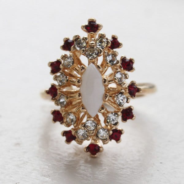 Vintage Ring Genuine Opal Surrounded by Clear & Ruby Swarovski Crystal Cocktail Ring 18k Gold  R221 - Limited Stock - Never Worn
