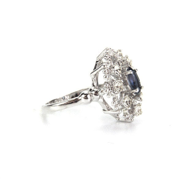 Vintage Ring Sapphire and Clear Swarovski Crystal Cocktail Ring 18k White Gold Silver  R250 - Limited Stock - Never Worn