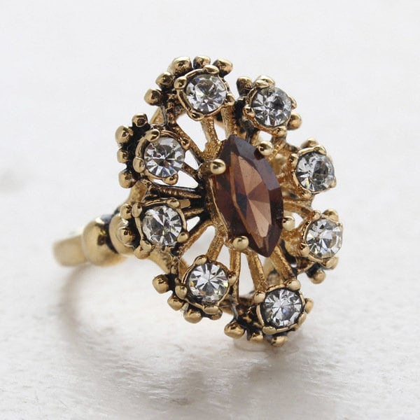Vintage Ring Brown Topaz and Clear Swarovski Crystal Cocktail Ring Antique 18k Gold  R250 - Limited Stock - Never Worn