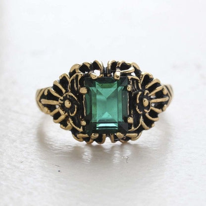 Vintage Ring Emerald Cut Smokey Topaz Swarovski Crystal 18kt Antique Gold Plated Filligre Ring February Birthstone