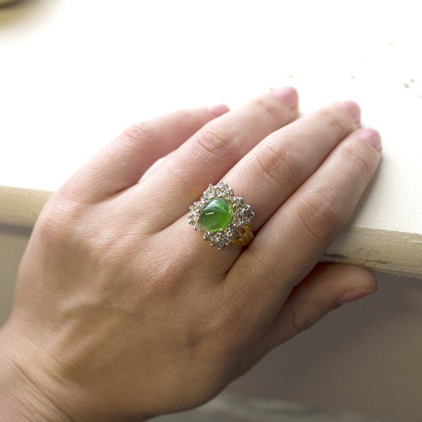 Vintage Ring Emerald Cabochon and Clear Swarovski Crystal Cocktail Ring 18k Gold Made in the USA R199 - Limited Stock - Never Worn