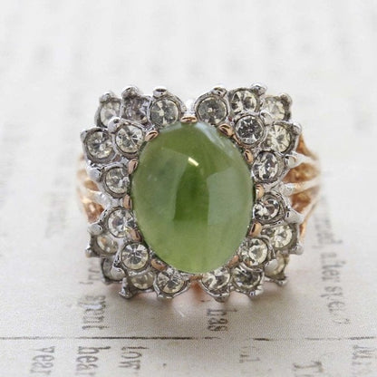 Vintage Ring Genuine Jade Cabochon Stone and Clear Swarovski Crystal Cocktail Ring 18k Gold Antique Womans R199 - Limited Stock - Never Worn