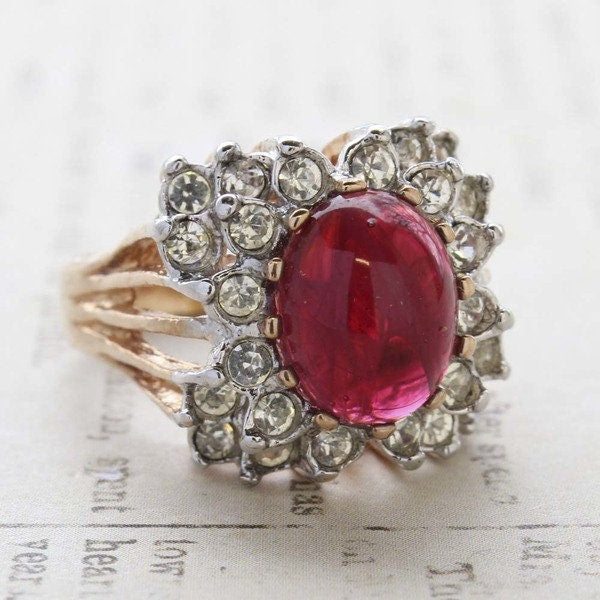 Vintage Ring Ruby Cabochon and Clear Swarovski Crystal Cocktail Ring 18k Gold Antique Womans Jewelry R199 - Limited Stock - Never Worn