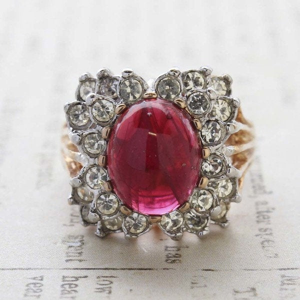 Vintage Ring Ruby Cabochon and Clear Swarovski Crystal Cocktail Ring 18k Gold Antique Womans Jewelry R199 - Limited Stock - Never Worn