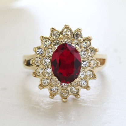 Vintage Ring Ruby and Clear Swarovski Crystal Cocktail Ring 18k Gold Antique Womans Jewelry R1352 - Limited Stock - Never Worn