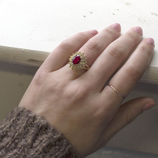 Vintage Ring Ruby and Clear Swarovski Crystal Cocktail Ring 18k Gold Antique Womans Jewelry R1352 - Limited Stock - Never Worn