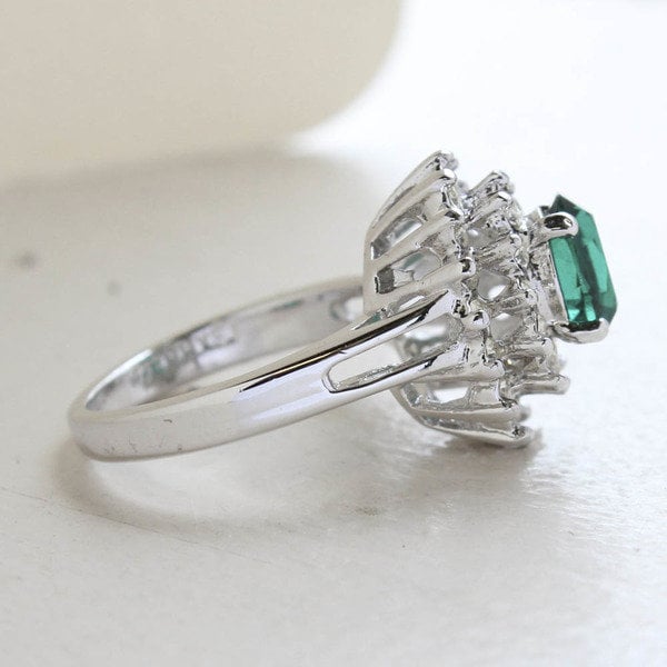 Vintage Ring Emerald and Clear Swarovski Crystal Cocktail Ring 18k White Gold Silver Made in the USA R1352 - Limited Stock - Never Worn