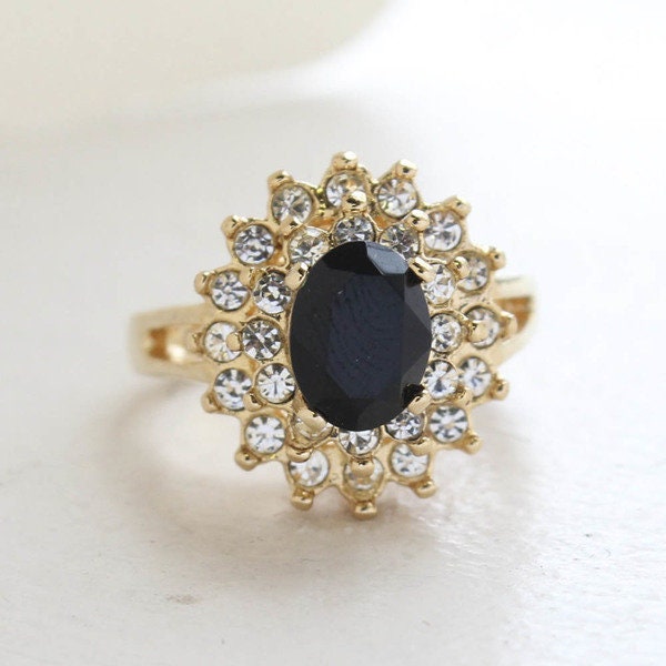 Vintage Ring Black and Clear Swarovski Crystal Cocktail Ring 18k Gold Made in the USA R1352 - Limited Stock - Never Worn