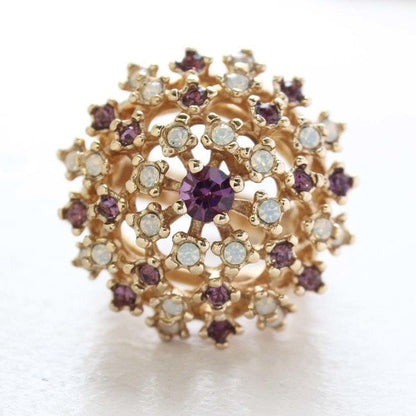 Vintage Ring Amethyst Crystal and Pinfire Opal Burst Ring 18k Gold  R195