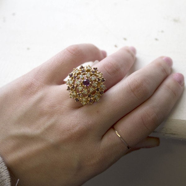 Vintage Ring Amethyst Crystal and Pinfire Opal Burst Ring 18k Gold  R195 - Limited Stock - Never Worn